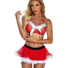 Sexy Santa Lingerie Set - Red Bikini Skirt White Fur Trim 