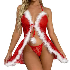 Sexy Santa Lingerie Set - Red Lace & White Fur Trim