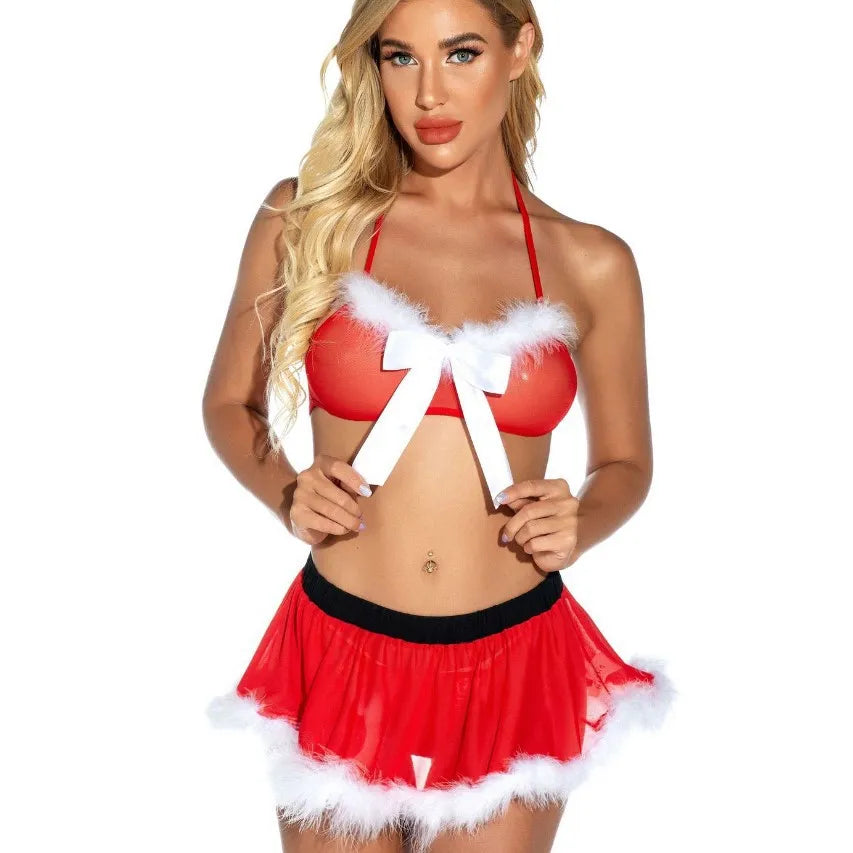 Sexy Santa Lingerie Set - Red Bikini Skirt White Fur Trim 