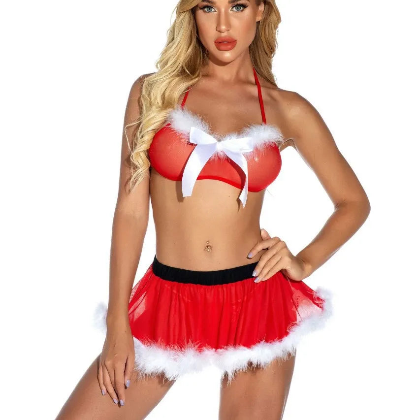 Sexy Santa Lingerie Set - Red Bikini Skirt White Fur Trim 