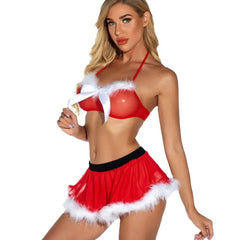 Sexy Santa Lingerie Set - Red Bikini Skirt White Fur Trim