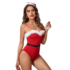 Sexy Santa Bikini Lingerie Set | Red Bodysuit White Fur Trim